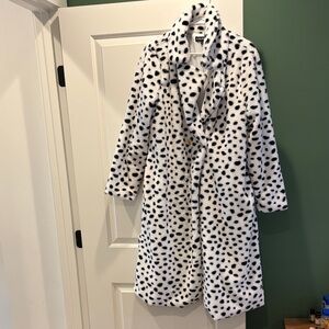 Faux Fur Dalmatian-Print Robe Coat - White/Black